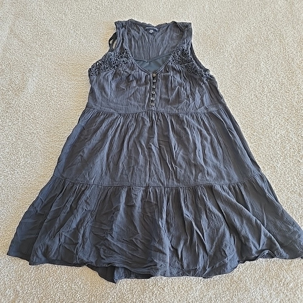 American Eagle Sleeveless Dress Tiered Crochet Detail Button Gray Size M